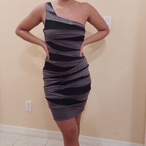 Elegant Gray & Black One Shoulder Beaded Bodycon Dress Size S